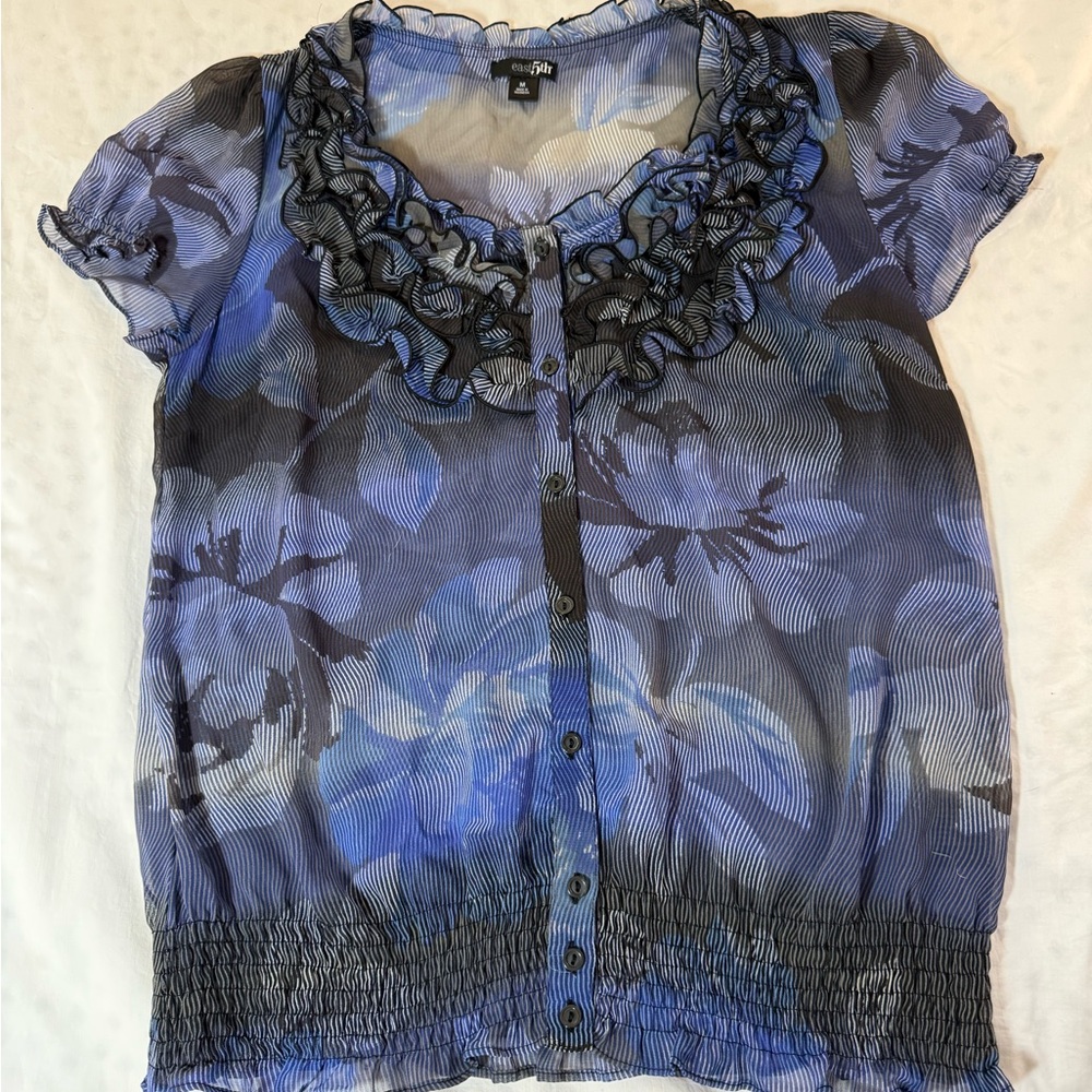 East 5th Blue and Black Floral Ruffle Blouse Medium